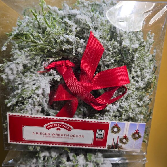 Holiday Time Set of Two, 3 Pieces Wreath Decor - Flocked - 6.5 inch diameter ea. - Picture 2 of 5